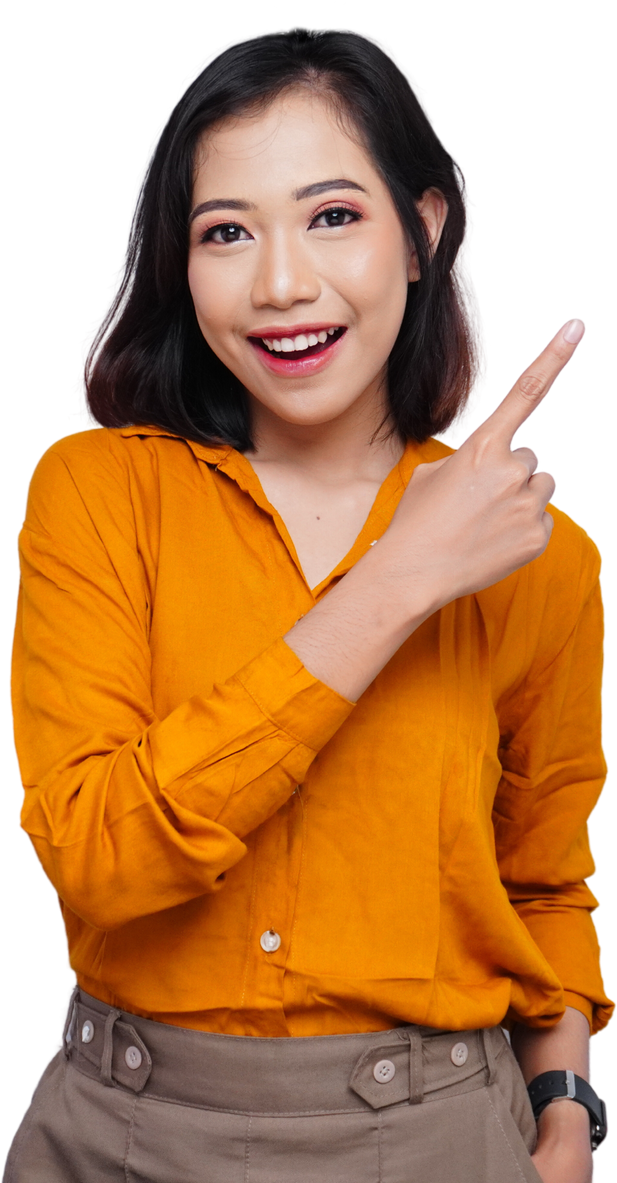 Asian pretty girl pointing finger upward
